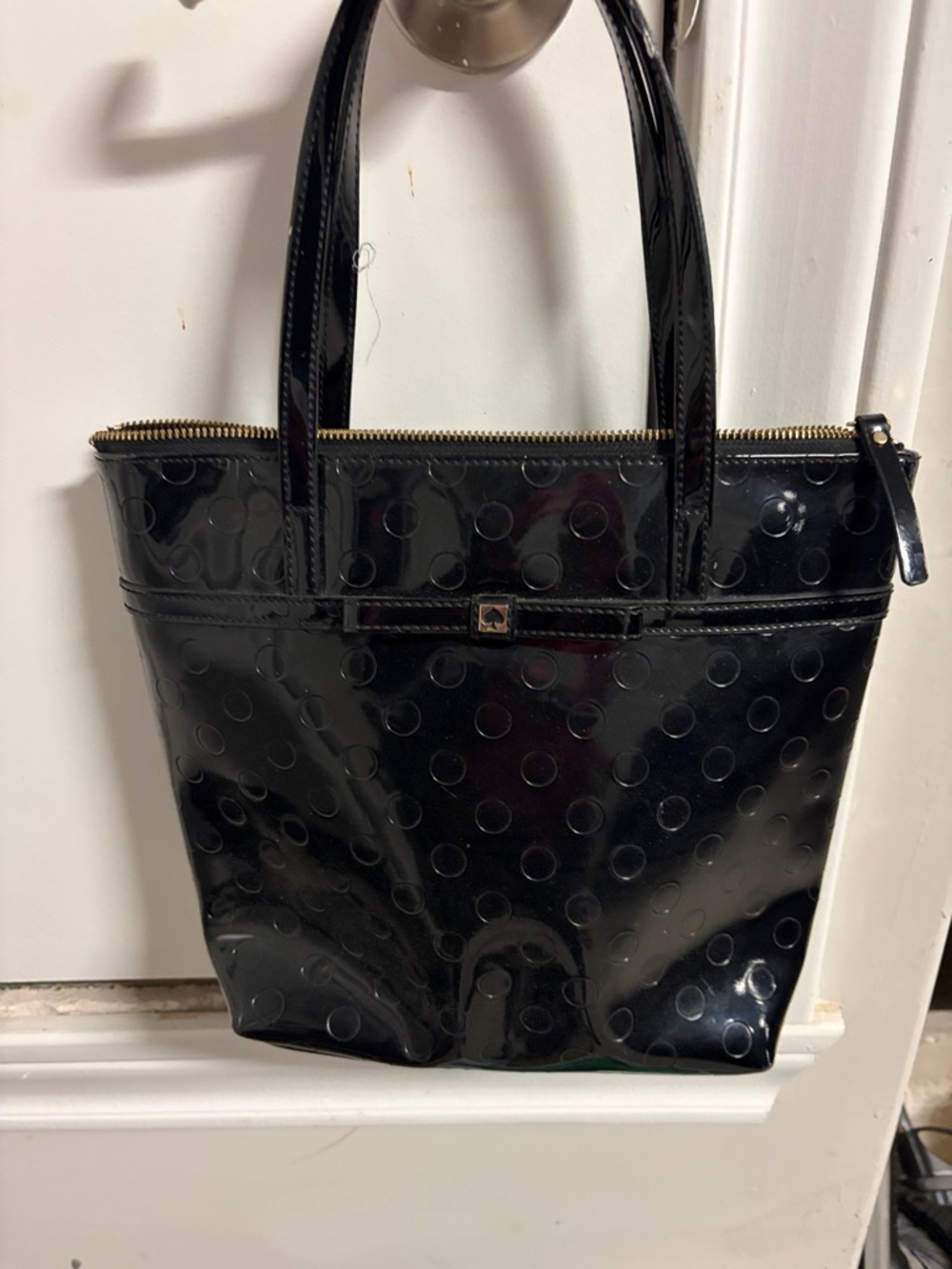 Patent Leather Polka Dot Tote Bag in Black